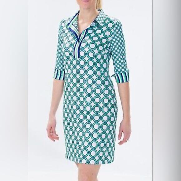 Gretchen Scott Everywhere Dress Geometric Print Green Blue Size Small EUC - Picture 1 of 8
